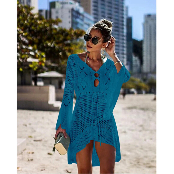 V-Neck Knitted Cover Up In Light Blue - Picture 1 of 10